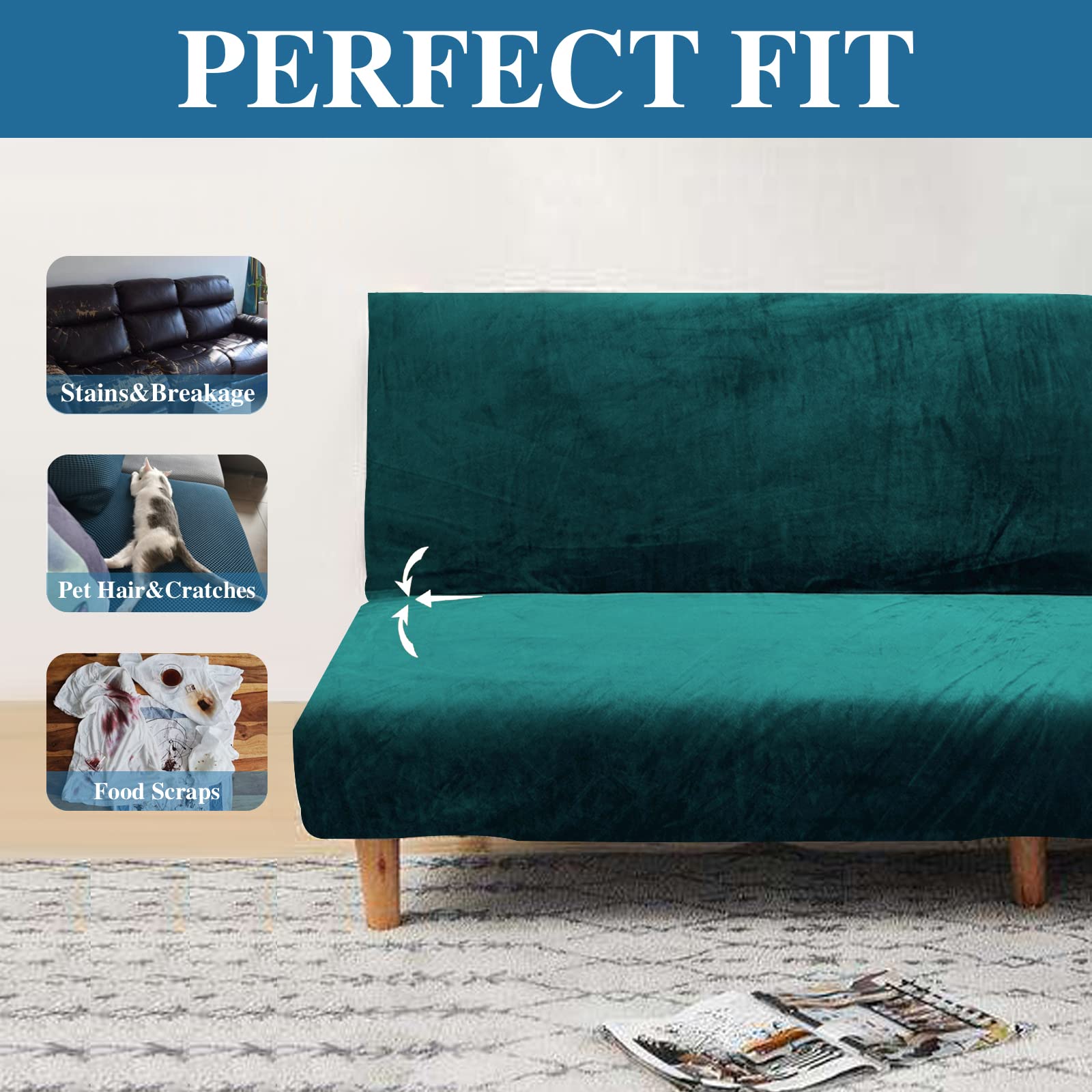 Jaotto Copridivano 2/3 Posti Senza Braccioli Elasticizzato, Fodere Antigraffio Lavabile Rimovibile, Clic Clac Elastico Pieghevole Antiscivolo Verde Scuro