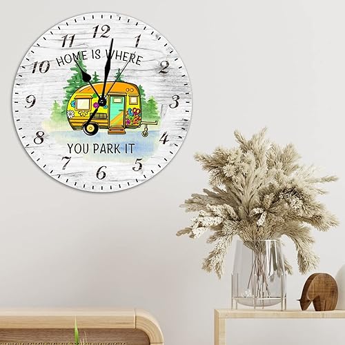 Miniatura 4 de Reloj de pared colgante redondo de 12 pulgadas, para camping, viajes, cámper, camioneta, relojes de madera, sin tictac, funciona con pilas, reloj de