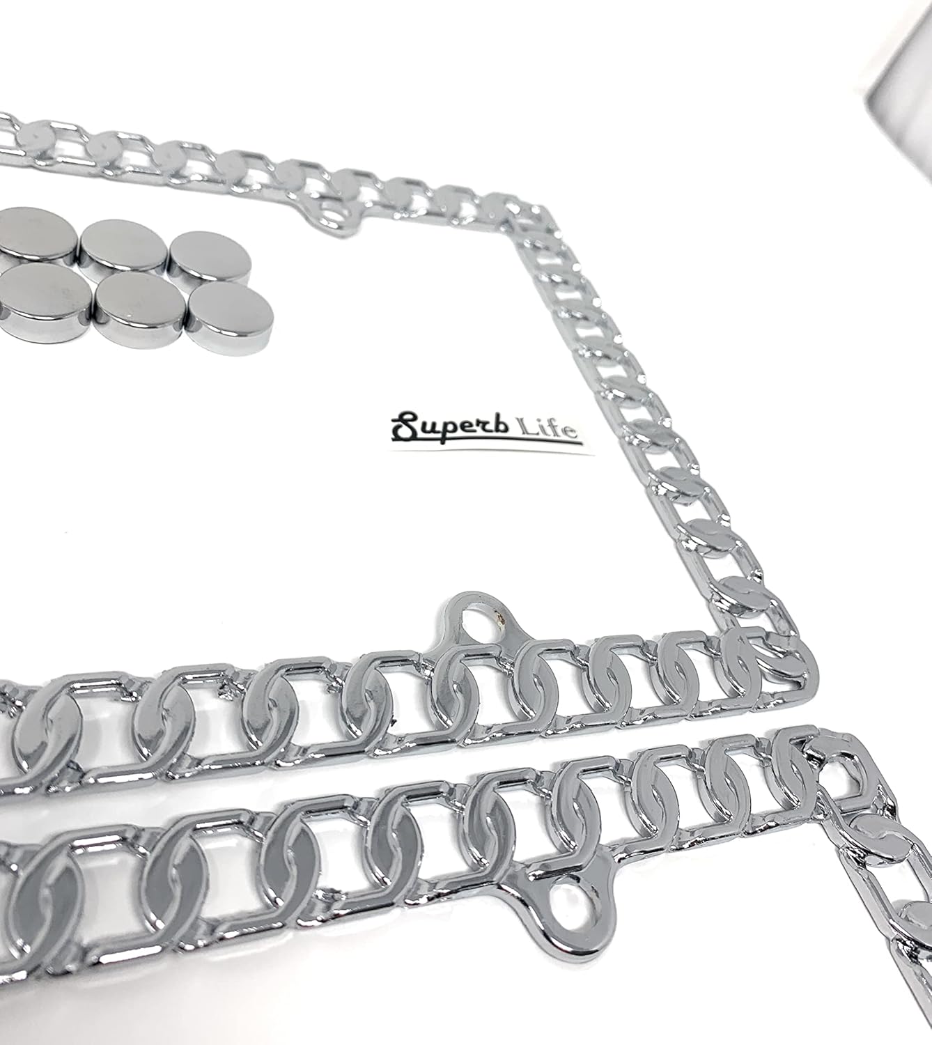 Universal Mega-Metal Round Chain Link Design License Plate Frame with Screws Caps, Set of 2 (Silver) - Image 3