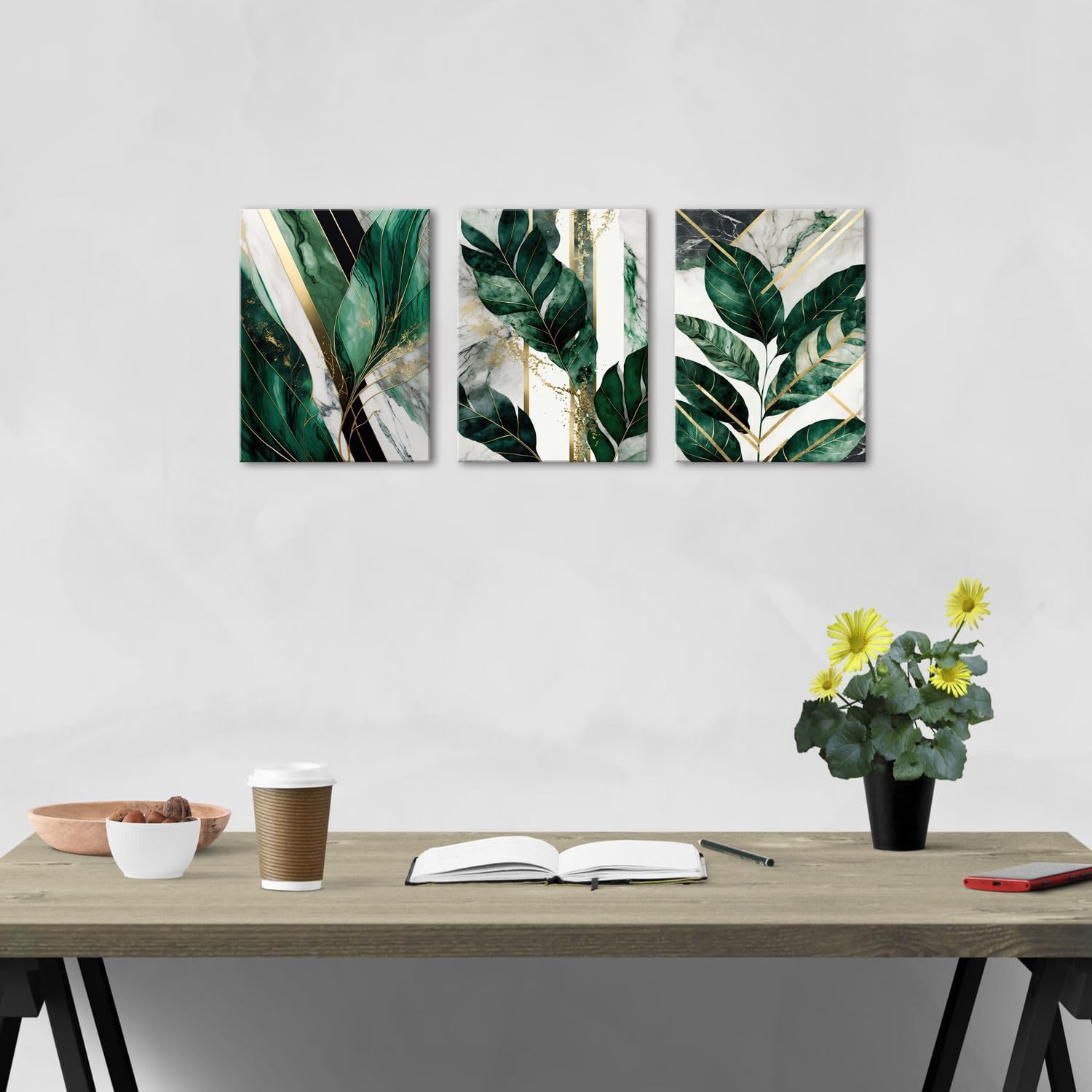 Botanical Plant Wall Art Emerald Green Wall Decor Bathroom Abstract Tropical Leaf Pictures for Living Room Green Marble Canvas Painting Monstera Sage Posters Boho Artwork Home Decoration 12x16” 3P