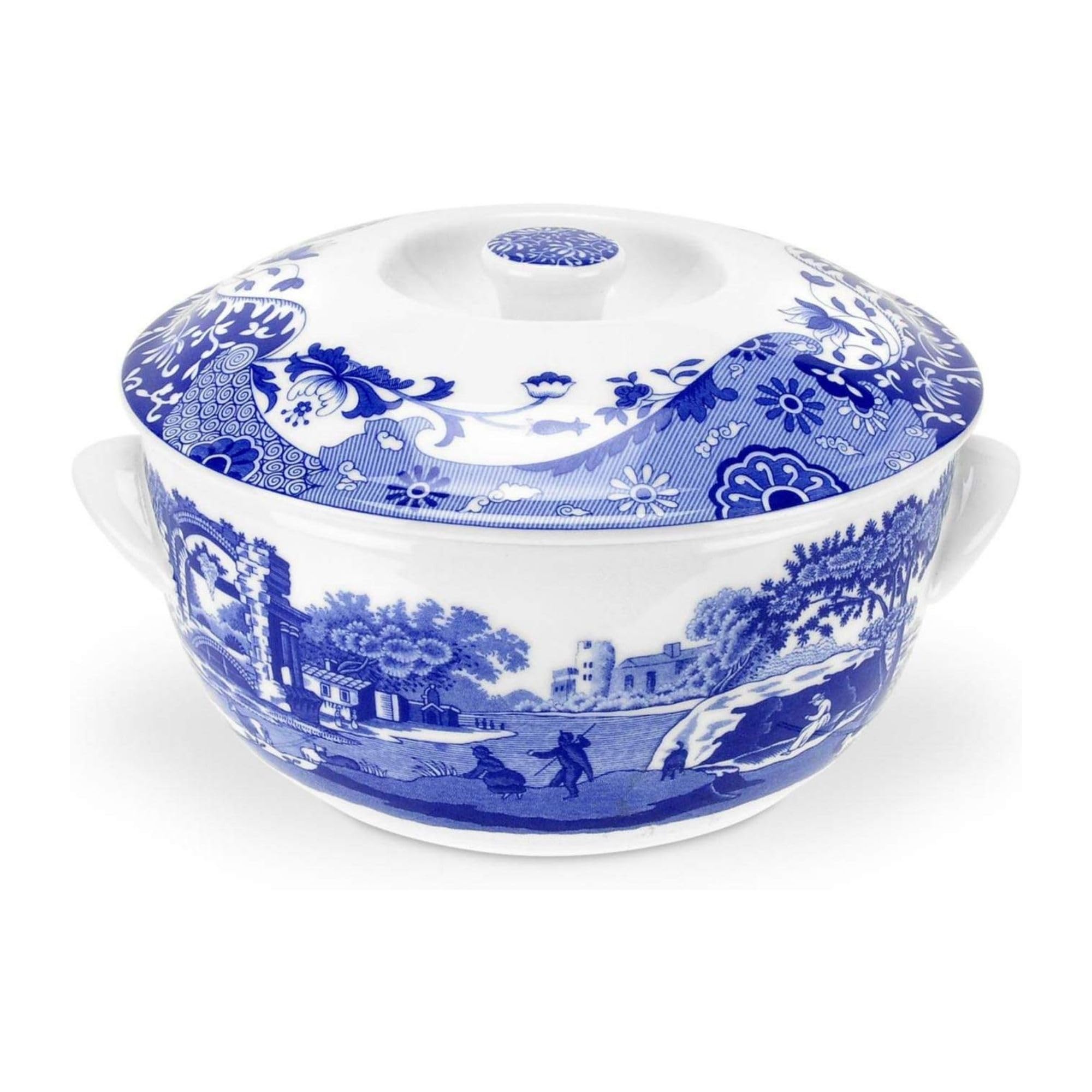 Spode Blue Italian Round Covered Deep Dish - 2-Quart Porcelain Serving Dish with Classic Scroll Border & Scenic Countryside Artwork - Elegant Covered Cooking Pot for Entertaining & Dining