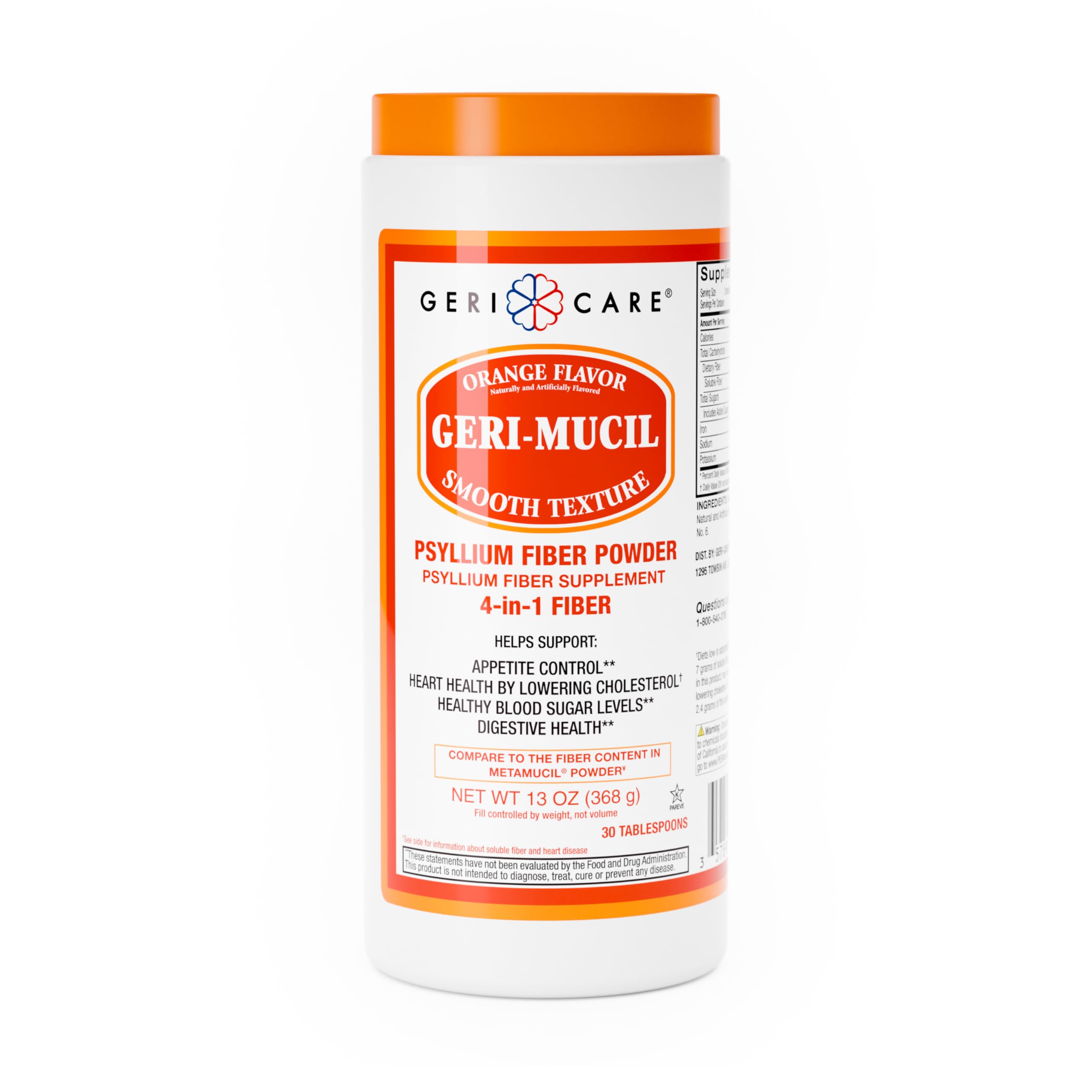 Geri-Mucil Psyllium Powder By GeriCare|4-In-1 Orange-Flavor Psyllium Husk Powder| Daily Fiber Supplement| Sweetened Gluten-Free Fiber Drink Mix| Water-Soluble Husk Fiber Powder For Bowel Movement|13oz