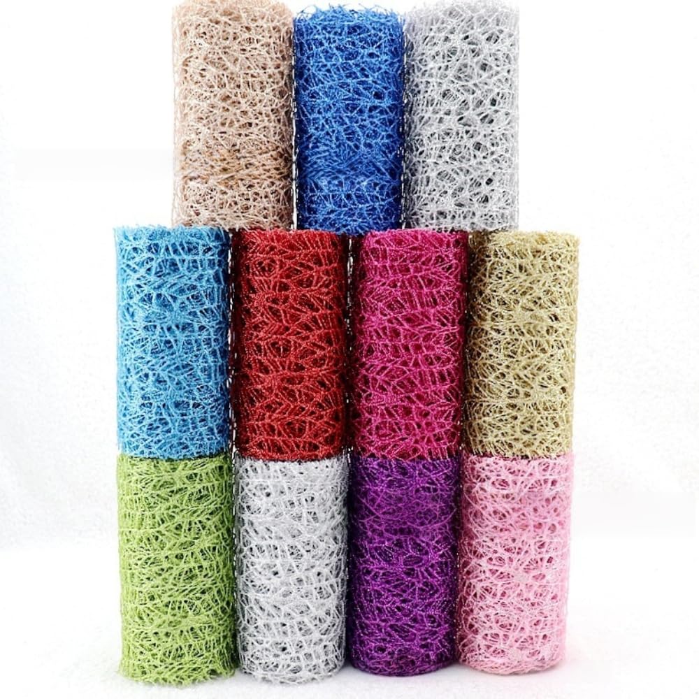 Weihnachtsband aus Kunststoff Mesh Glitzer Band Weihnachten Deko-Mesh-Band für Kranz Weihnachtsbaum Dekoratives Netzband Weihnachts-Mesh-Band für Geschenkverpackung DIY-Bastelbedarf,10-teiliges Set