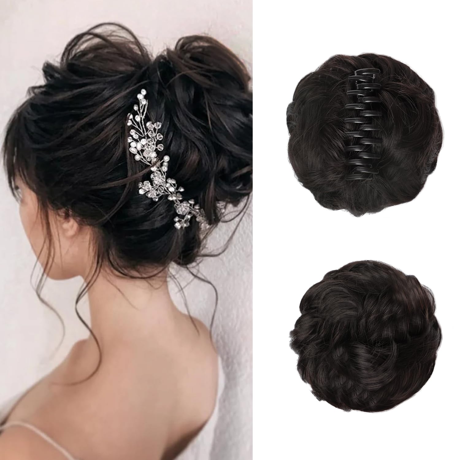 Claw Clip Messy Bun Hair Piece Curly Wavy Faux Hair Bun Extensions Synthetic Chignon Tousled Updo Hair Scrunchie Claw Clip Ponytail Hairpieces for Women（#Natural Black）