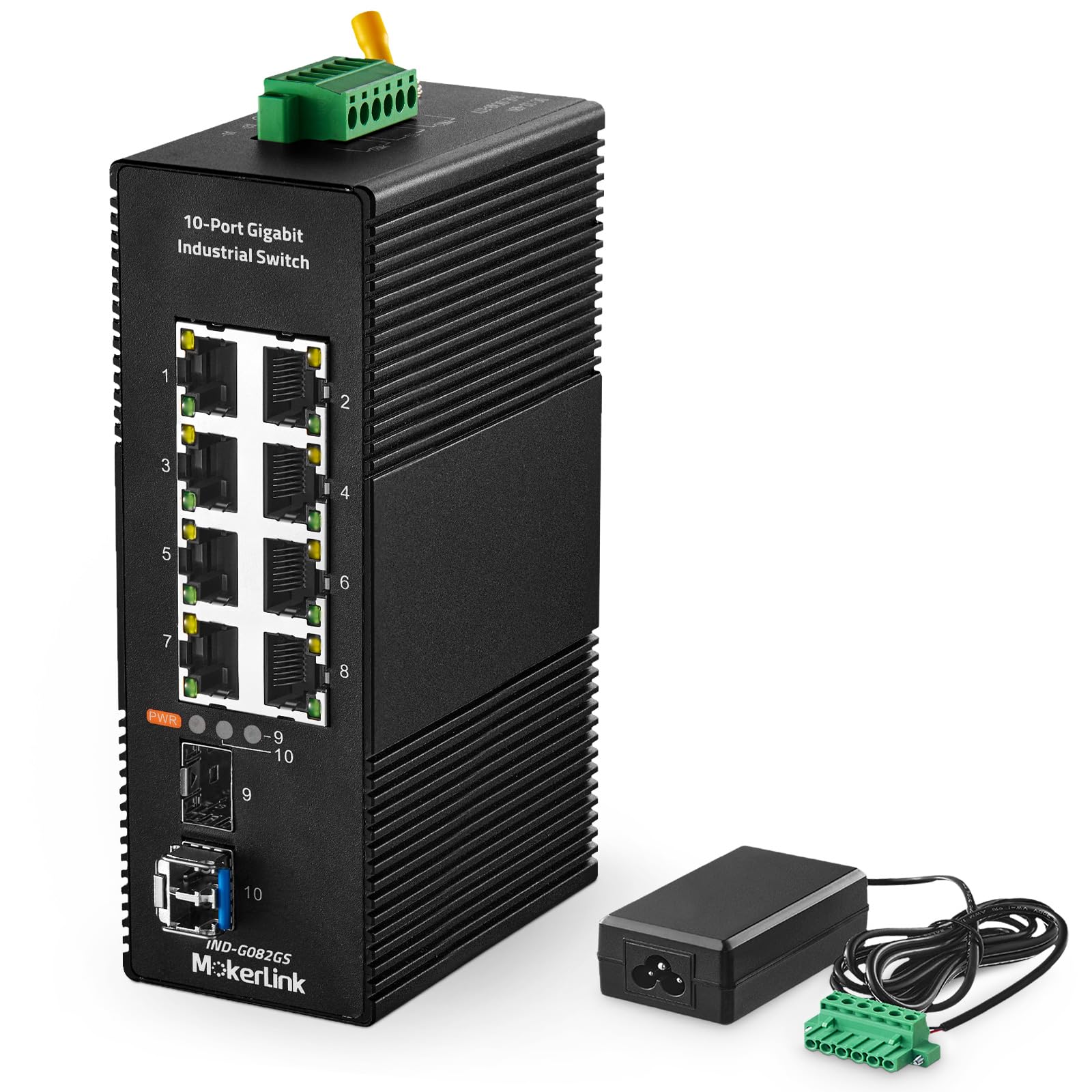 MokerLink Commutateur Ethernet 8 Ports Gigabit Industriel DIN chienen 2 Ports SFP avec 1 Module LC 20 KM, commutateur réseau IP40 Non géré (-40 à 185 °F), avec Bloc d'alimentation