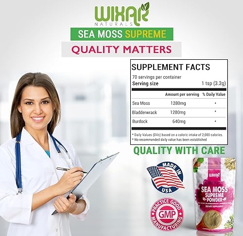 Miniatura 6 de Wixar Wildcrafted - Polvo de musgo marino (8 onzas) - Musgo marino irlandés natural y vejiga con polvo de bardana - Apoyo para la tiroides, piel
