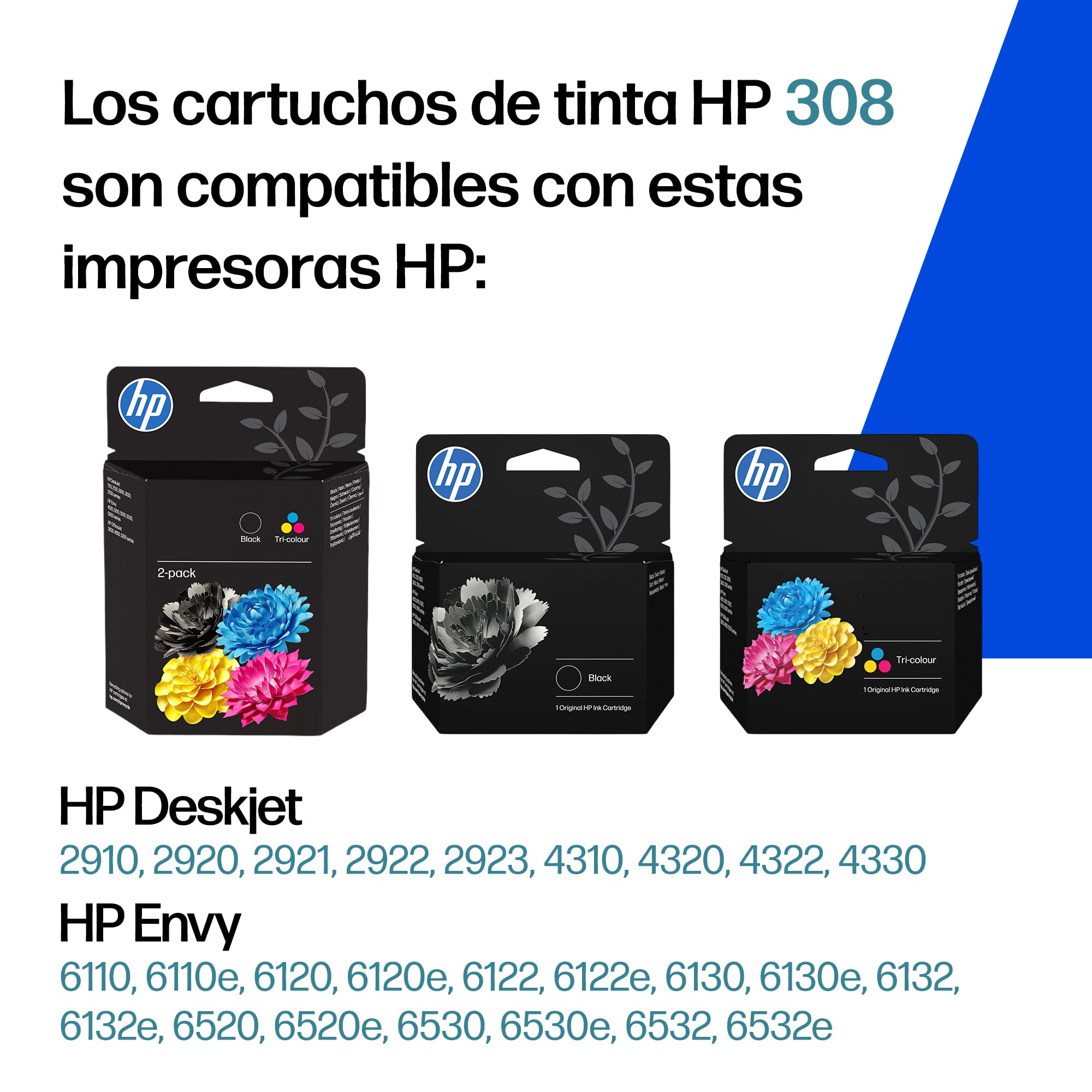HP 308 Negro, 7FP21UE, Cartucho de Tinta Original, Compatible con Las Series de impresoras Envy 6110e, 6120e, 6122e, 6130e, 6132e, 6520e, 6530e, 6532e