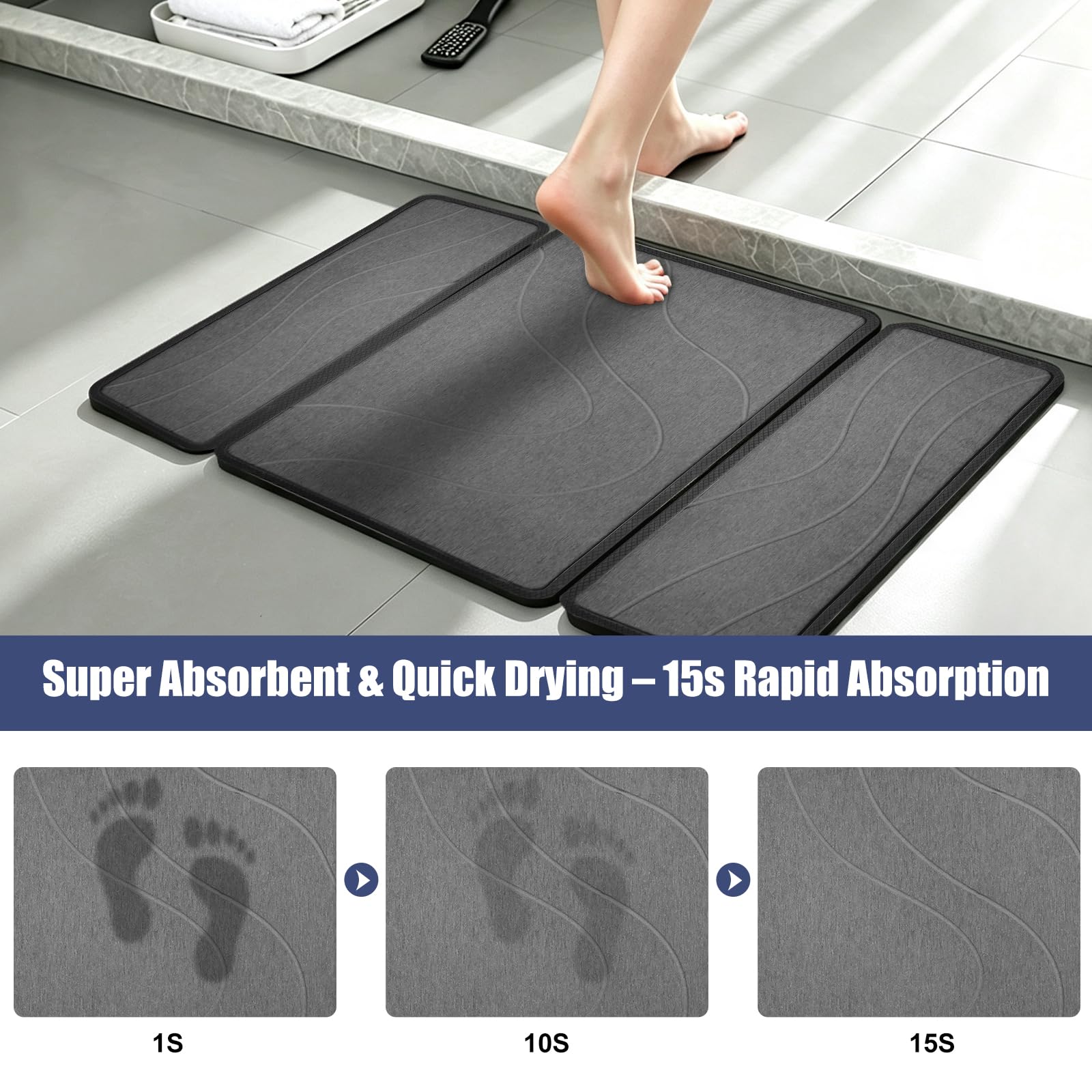 Alfombra Diatomita Baño con Funda de Silicona (Gris/Ondas Agua,50x40cm) | Alfombra de diatomita plegable (3 partes), superabsorbente, secado rápido y antideslizante para baño, ducha y lavabo