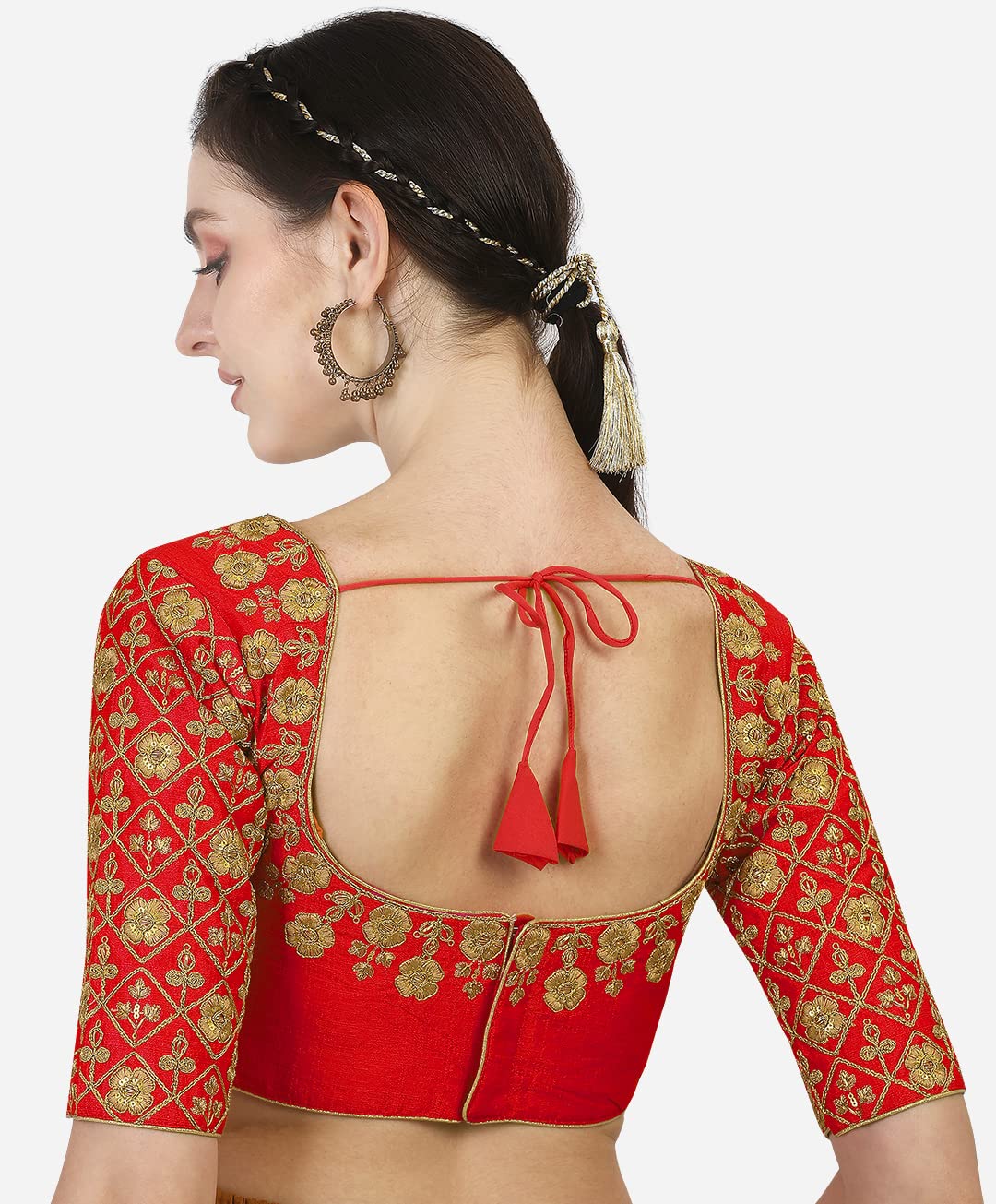 Pujia Mils Women's Silk Floral Half Sleeve Blouse (Madhubala_Red_36)