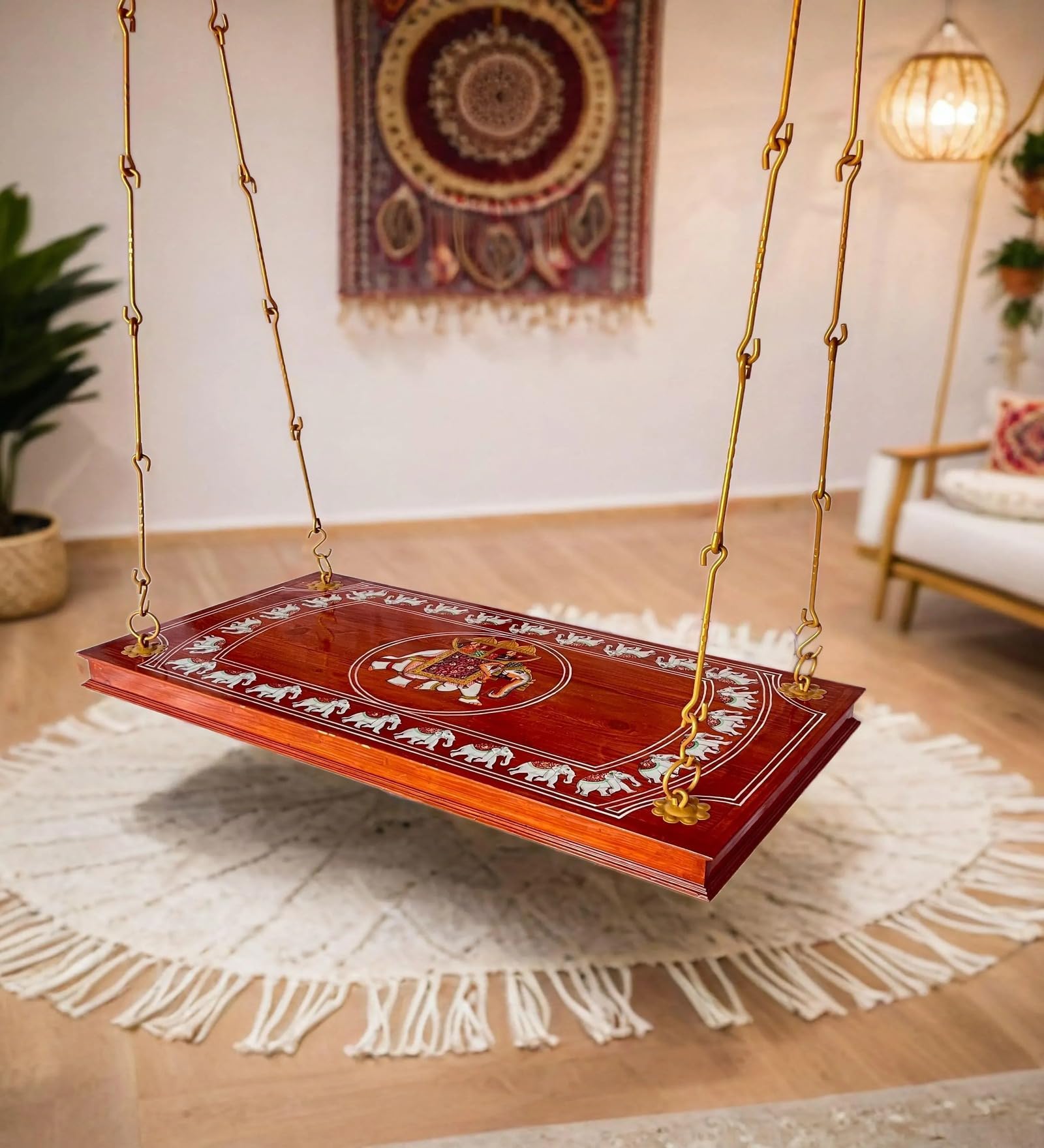 Jairi Traders Plank Wooden Swing Indoor Outdoor Teak Wood (4x2 Feet) Natural Hand Painted Boarder Brass Coated Accessories