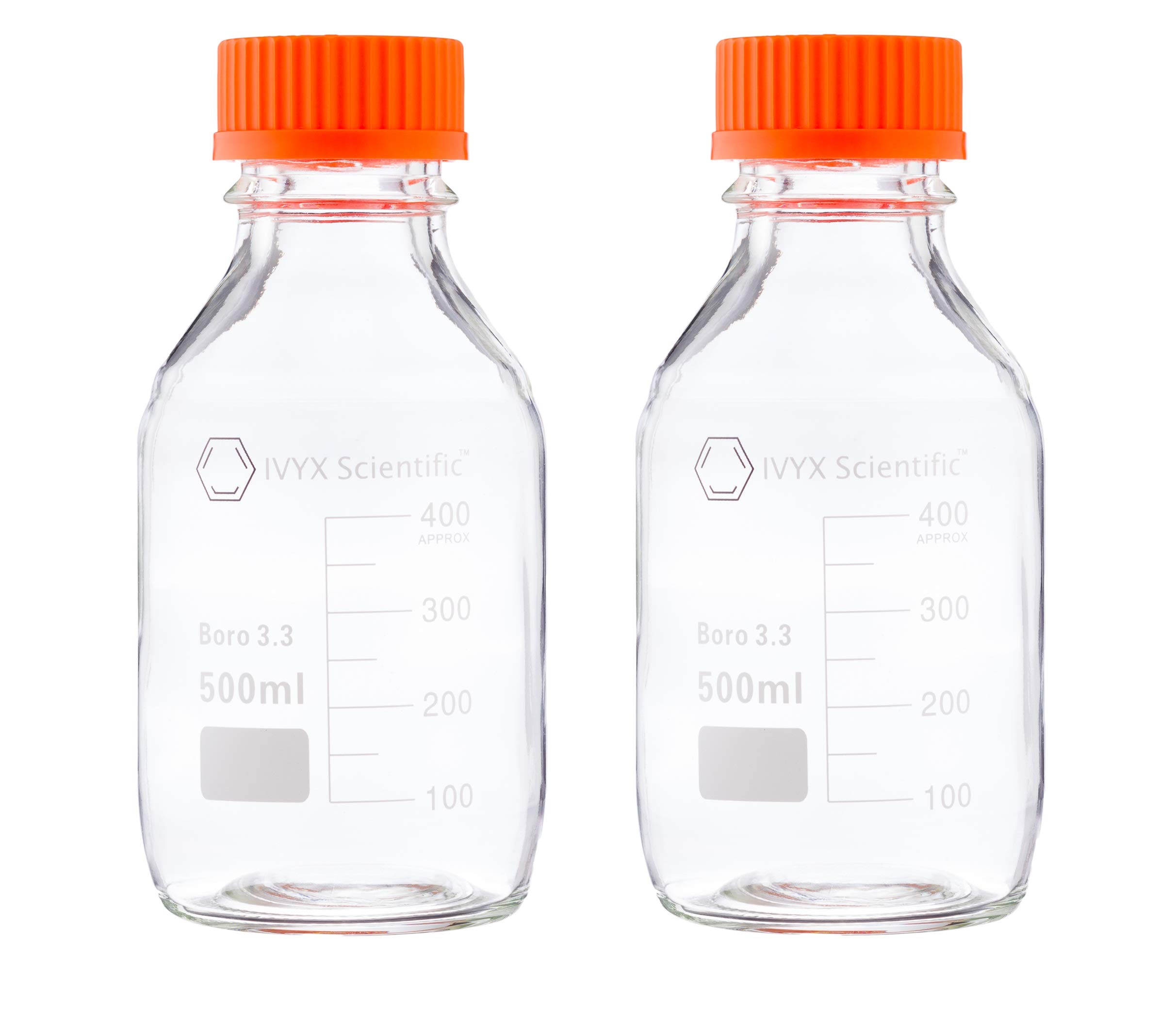 IVYX ScientificRound Media Storage Bottle, Borosilicate Glass, with GL45 Screw Cap - Pack of 2 (500 mL)