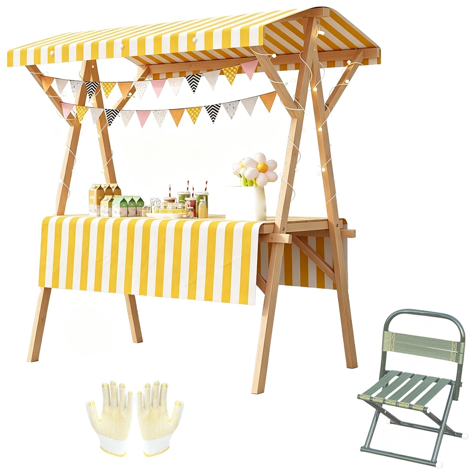 Wooden Market Stall vendor Cart with Striped Canopy, Foldable Vendor Booth with Wheels, Chair for Flea Market, 660lbs Load(Yellow,114x60x190cm/45x24x75in)