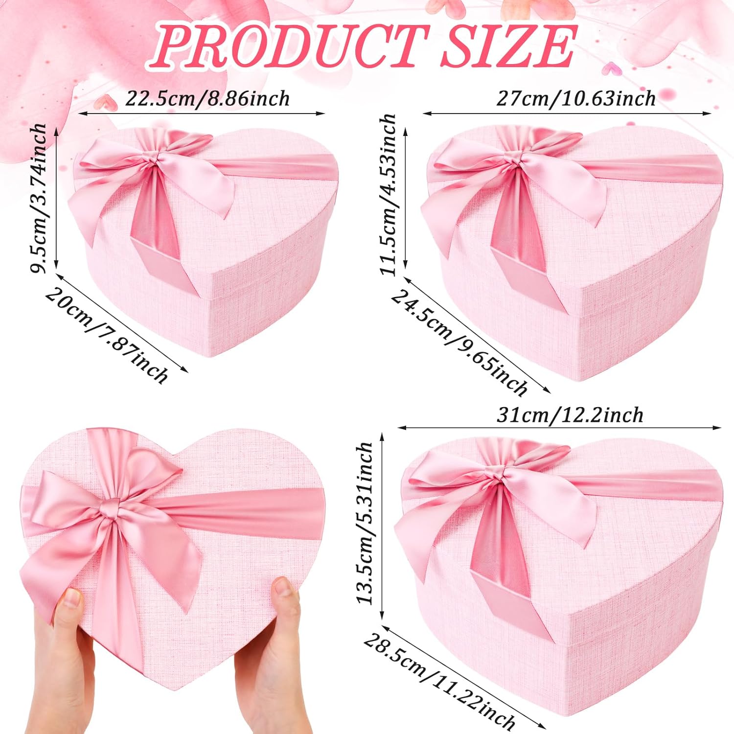 Zhanmai 3 Pcs Heart Shaped Gift Boxes Extra Large Pink White Valentine 3 Size Decorative Heart Boxes with Lid and Ribbon for Flower Arrangement Present Wrapping Mother's Day Wedding Anniversary(Pink) - Image 2