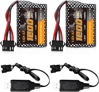 R208 R308 Battery 7.4V 1200mah High Capacity Li-ion Battery 2S 15C Rechargeable with SM5P Plug Fit for High Speed Remote Control Boats 2Pack with USB Chargers