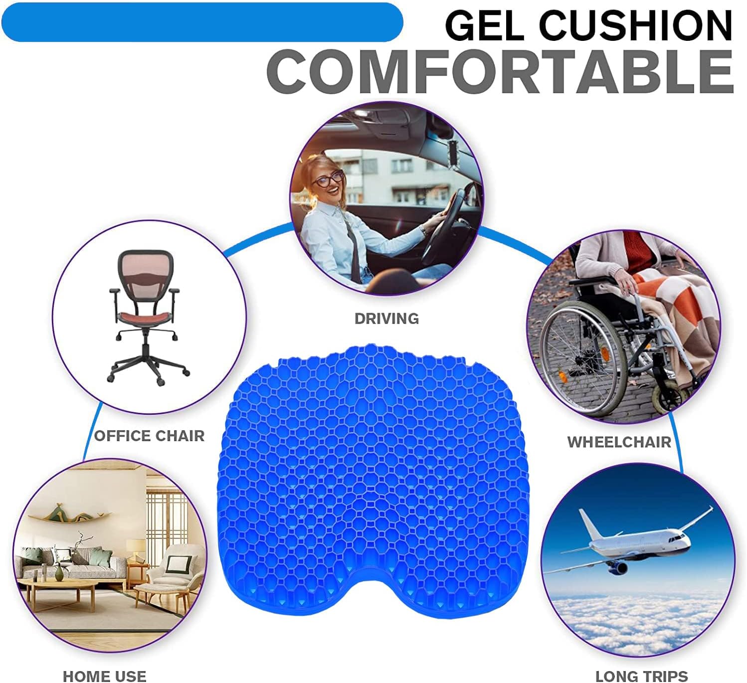Gel Seat Cushion for Long Sitting, Breathable Honeycomb Design, Pressure Relief for Back, Sciatica, Tailbone Pain - Office Chair Cushion, Wheelchair Cushion, Car Seat Cushion, Chair Pad
