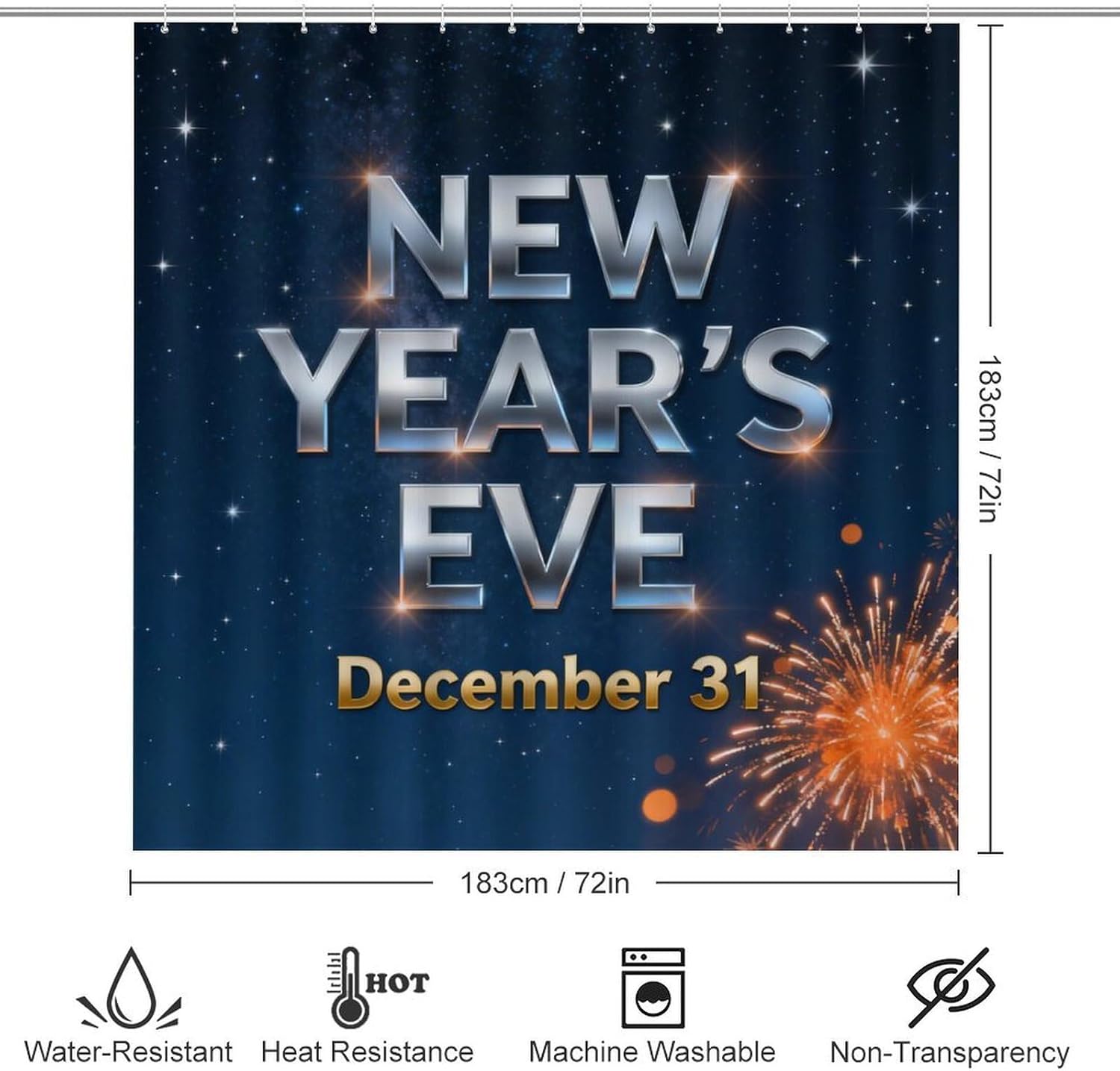 4 Piece Bathroom Rug Set with Shower Curtain, Non-Slip Bath Mat Toilet Cover Set, New Year‘s Eve Bathroom Rug Sets