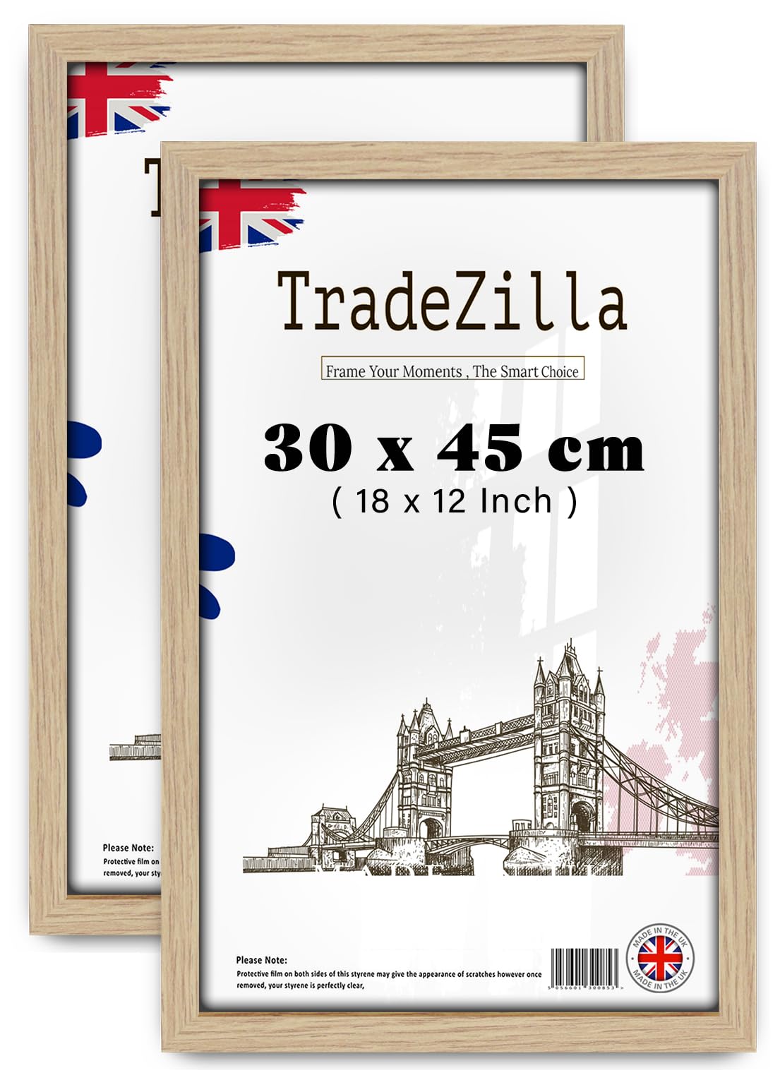 TradeZilla pack of 2 Modern Oak 18 x 12 Inch Poster Frame - 300 x 450 mm Engineered Wood, Easy Installation with Clips & Hangers (30 x 45 CM) [ Oak ]