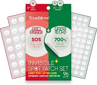 Troubless Invisible Plus Spot Patch EARLY SOS + AFTER CARE Set – Dual Care Hydrocolloid Patches for First Signs and Post-Care – Thin & Comfortable Wear w/ Strong Adhesion (1cm & 1.2cm, 96 ea)