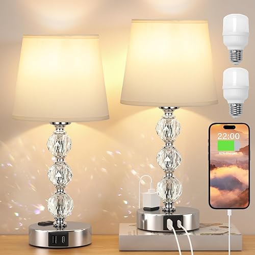 Miniatura 11 de Acaxin Juego de 2 lámparas de mesa de cristal para dormitorio/sala de estar, 17.5 pulgadas (blanco)