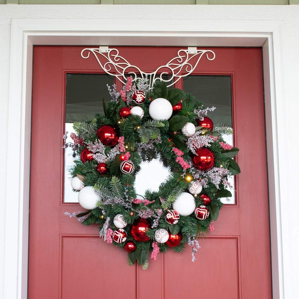 [30 Inch Artificial Christmas Wreath] - Nordic Collection - Red and White Decoration - Pre Lit with 50 Candy Cane Colored LED Mini Lights - Includes Remote Controlled Battery Powered Timer