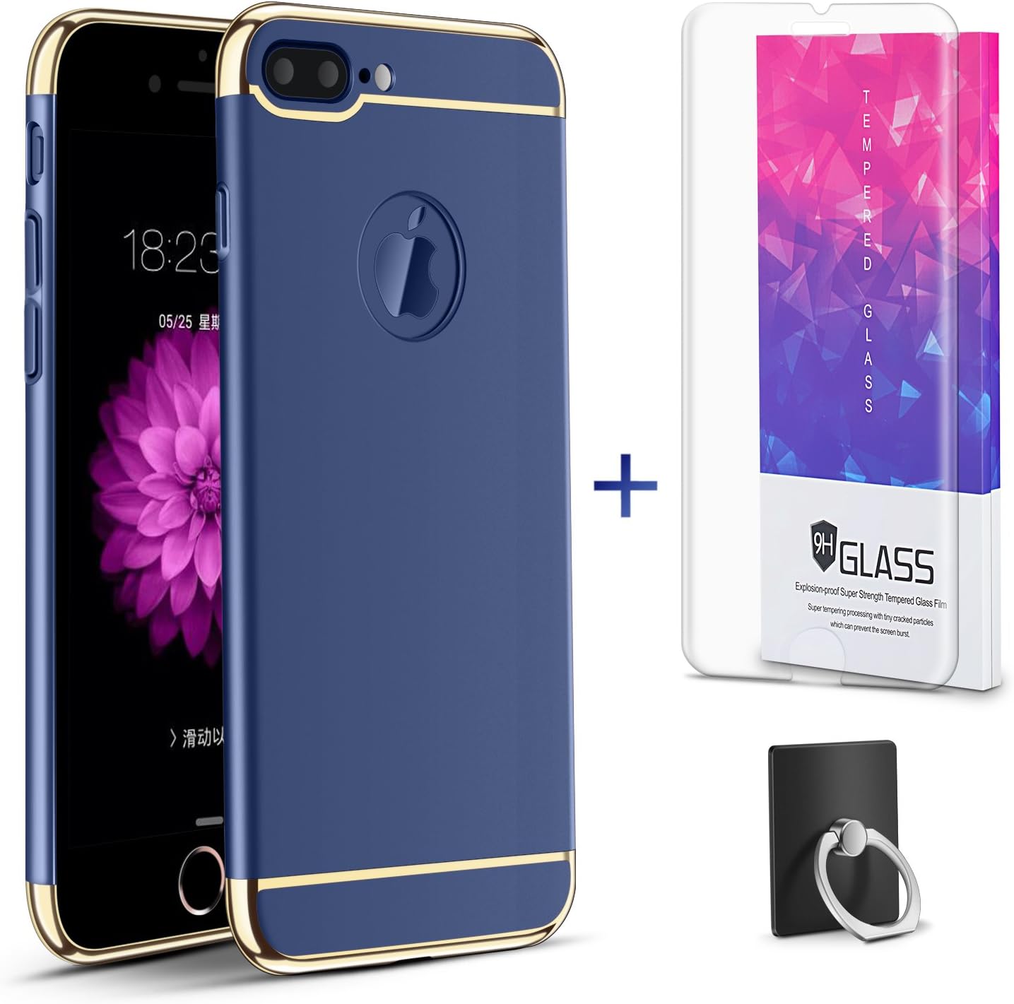 3 in 1 Full Protective Phone Case with Electroplate Frame For iPhone 7 Plus (with one Tempered Glass Screen Protector)-Navy Blue