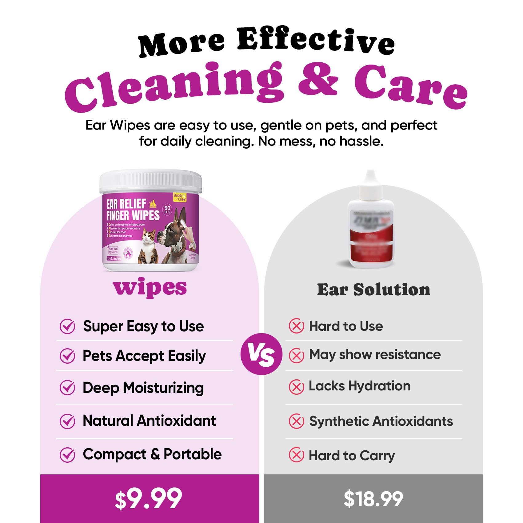 Pet Ear Cleaning Finger Wipes for Dogs & Cats - Dog Ear Cleaner with Aloe, Coconut Oil & Ginseng - Finger Dog Ear Wipes to Relieve Ear Itching, Infections, Wax & Smelly Ears - 50 Ct - Coconut Scent - image 2