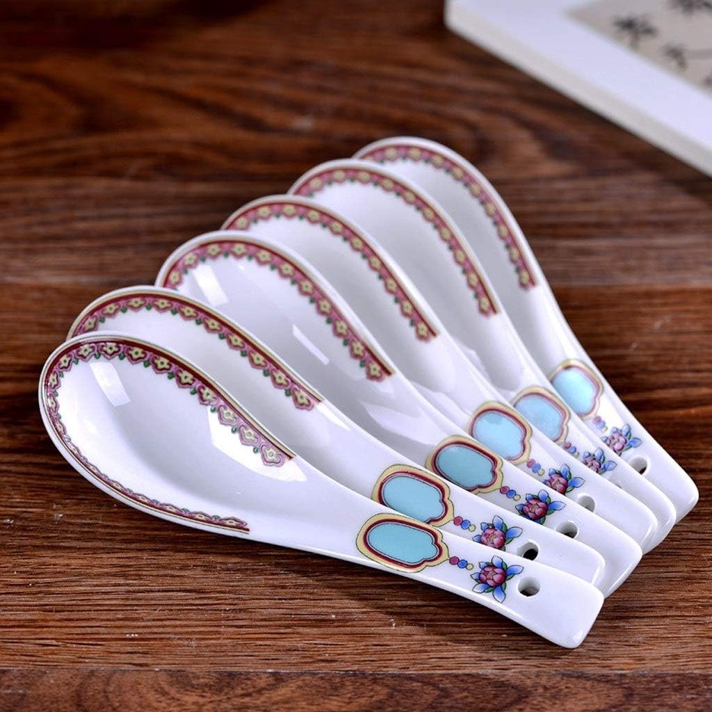 Scoop Chinese Porcelain Soup Spoons with Retro Pattern Design 5.3-Inch Long Rice Spoons Set of 6 Soup Spoon