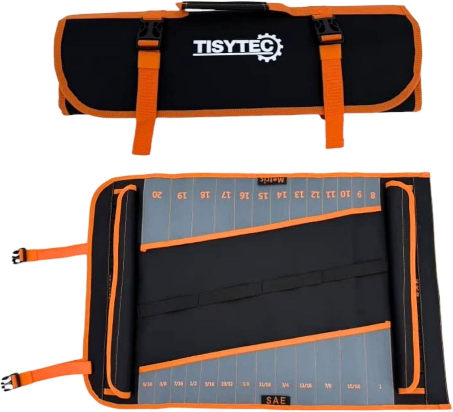 4-in-1 Tactical Wrench and Socket Tool Roll Bag – 52-Pocket Heavy Duty Organizer for SAE & Metric Sets (1/2" Dr. Sockets) – Mobile Mechanic & Fleet Maintenance Tool Wrap Pouch (Hi-Vis Orange)