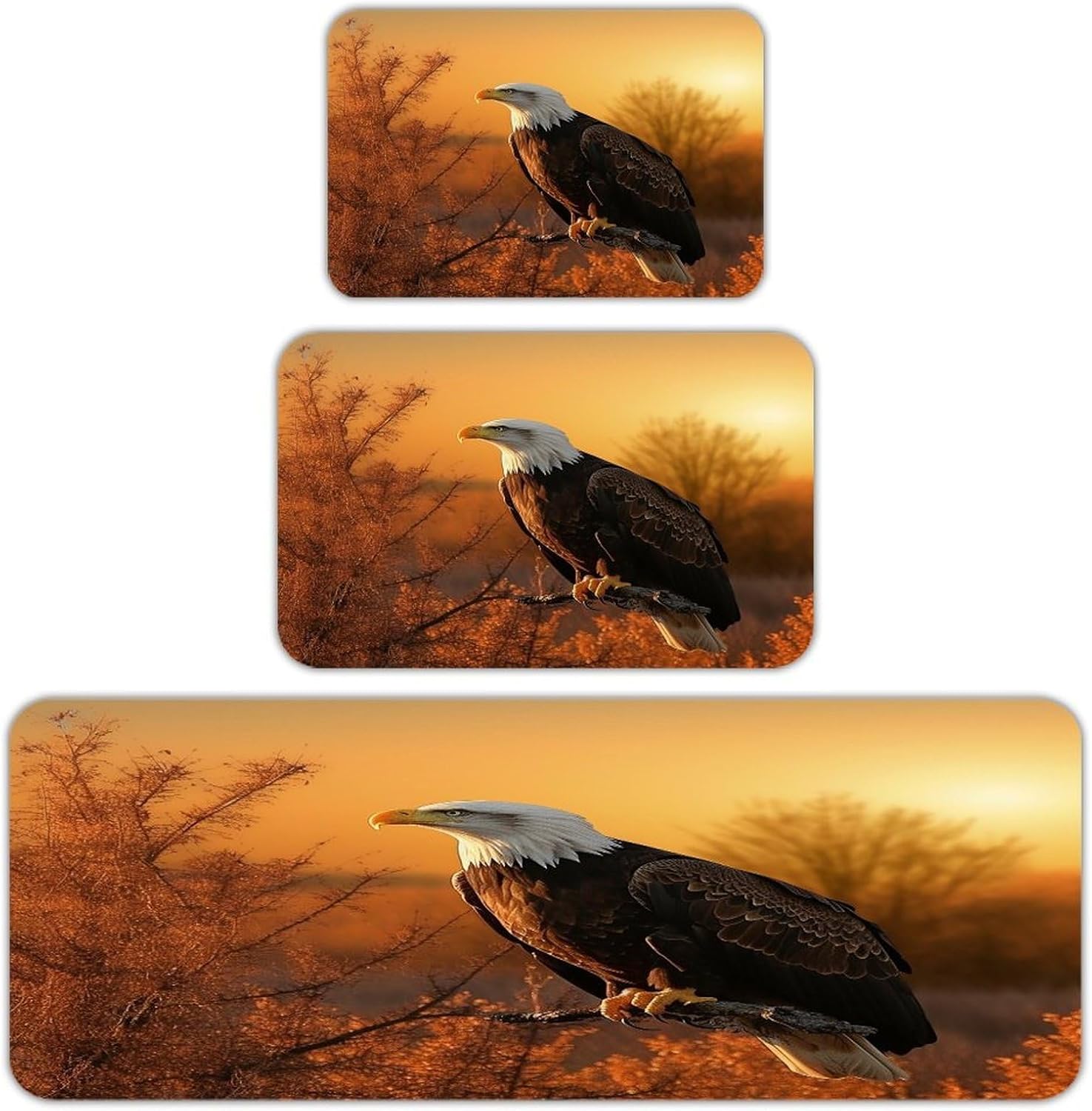 Golden Sunset Bald Eagle Kitchen Mat Set of 3 Waterproof Floor Mats Non-Slip Kitchen Rugs Premium Flannel Rug Heavy Duty Standing Mat for Kitchen Home Bathroom Laundry