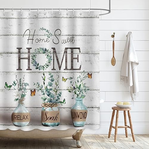 Miniatura 2 de Cortina de ducha de granja, decoración rústica de eucalipto verde con tela impermeable, estilo campestre, cortinas de ducha de mariposa para baño