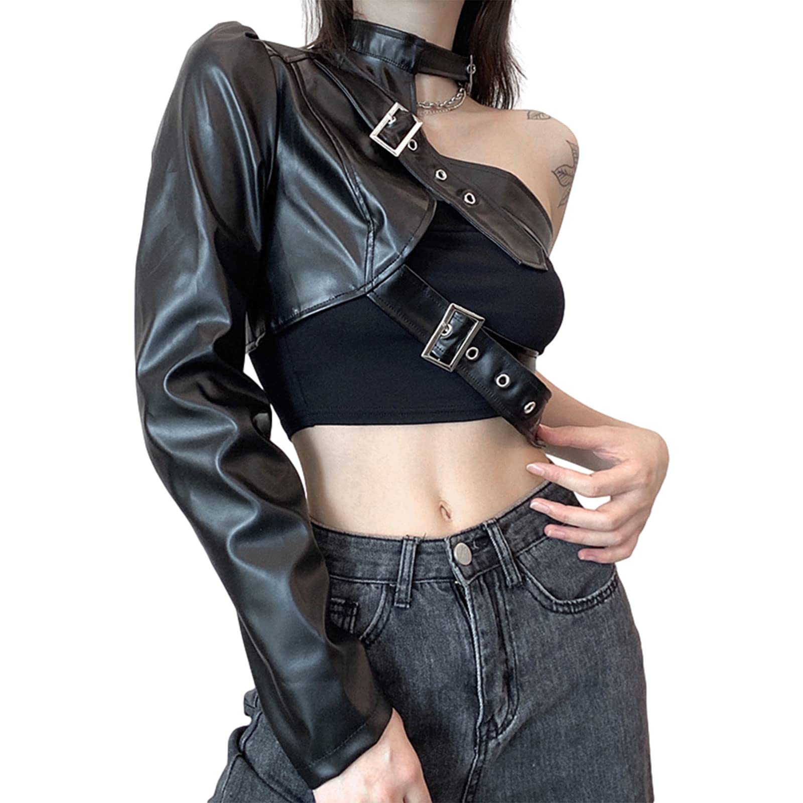Veste courte en cuir style punk pour femme - Cool - Manches longues - Cintre en cuir - Ceinture en cuir irrégulière
