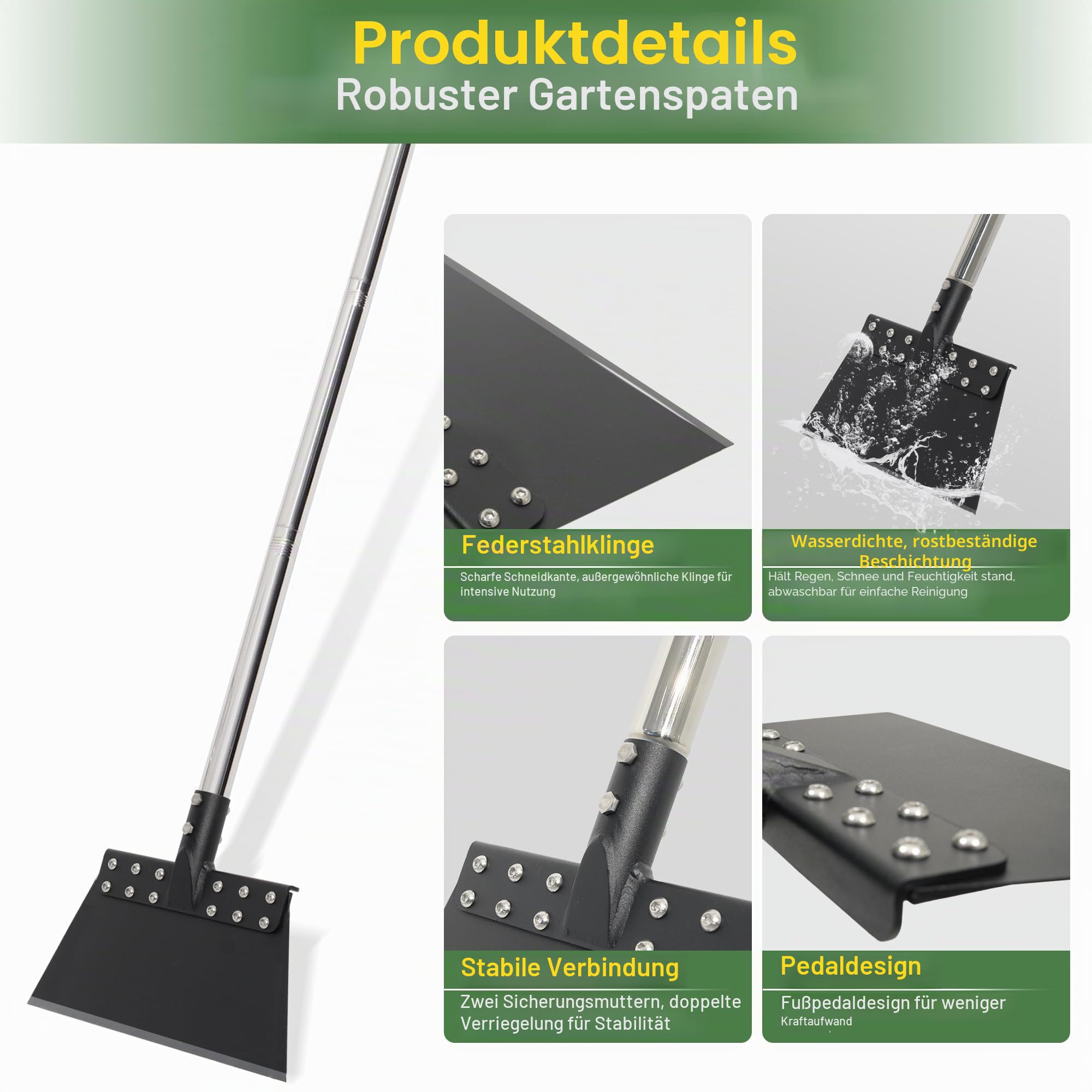 Gartenreinigungsschaufel 165.1 cm Multifunktions-Schaufel mit Federstahlklinge Bodenschaber Langer Verstellbarer Griff Schwerlast Schneeschaufel Eiskratzer Flache Schaufel für Unkraut Rasenkante