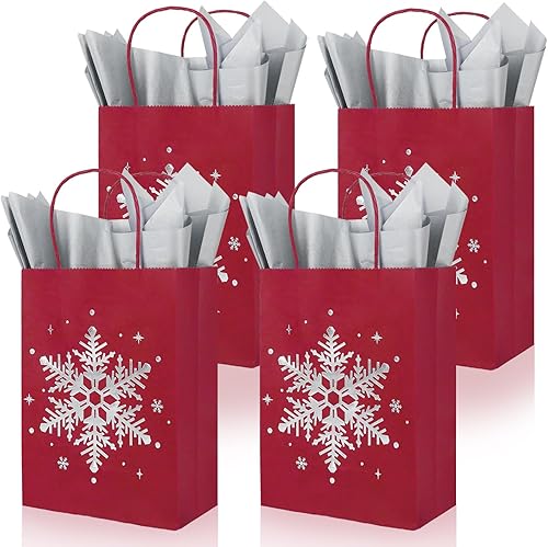 Miniatura 8 de Whaline 24 bolsas de papel kraft de Navidad con 30 hojas de papel de seda plateado, bolsas de regalo de copo de nieve azul plateado con asas, bolsas