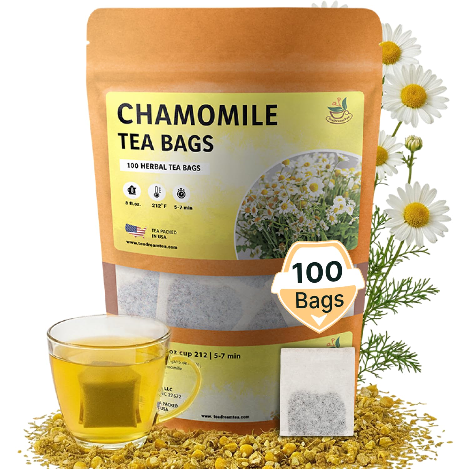 Chamomile Tea Bags - 100 Bags (Premium Natural Pure Leaf Tea - 100 Count) Gluten-Free and Caffeine-Free Herbal tea for Relaxation, Wallness, Immune