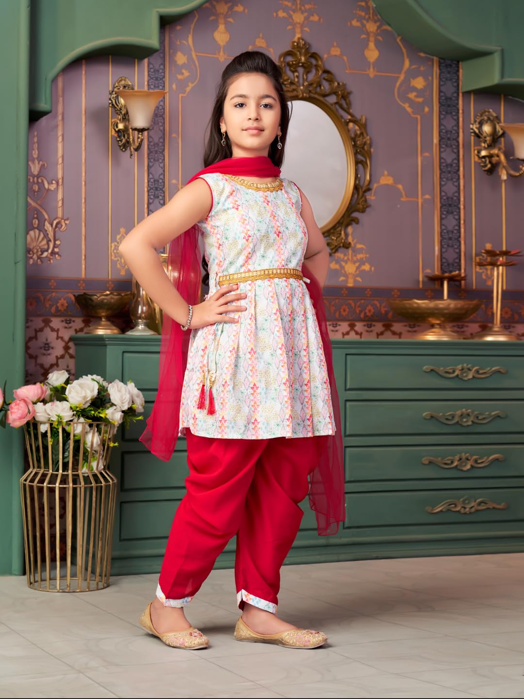 Aarika Girls Ethnic Wear Maroon-White Colour Sequin Embroidery Lace Work Polycrepe Kurti Patiala Set With Dupatta-3-13 Years (Pt-5010)