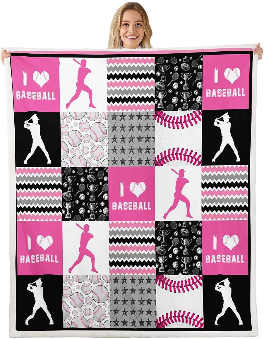 Erosebridal Ice Hockey Twin Size Fleece Blanket for Girls, Puck Sports Games Fuzzy Blankets for Kids Teens Bedroom, Hockey Player Throw Blanket Plaid Patchwork Blankets, Pink White Black