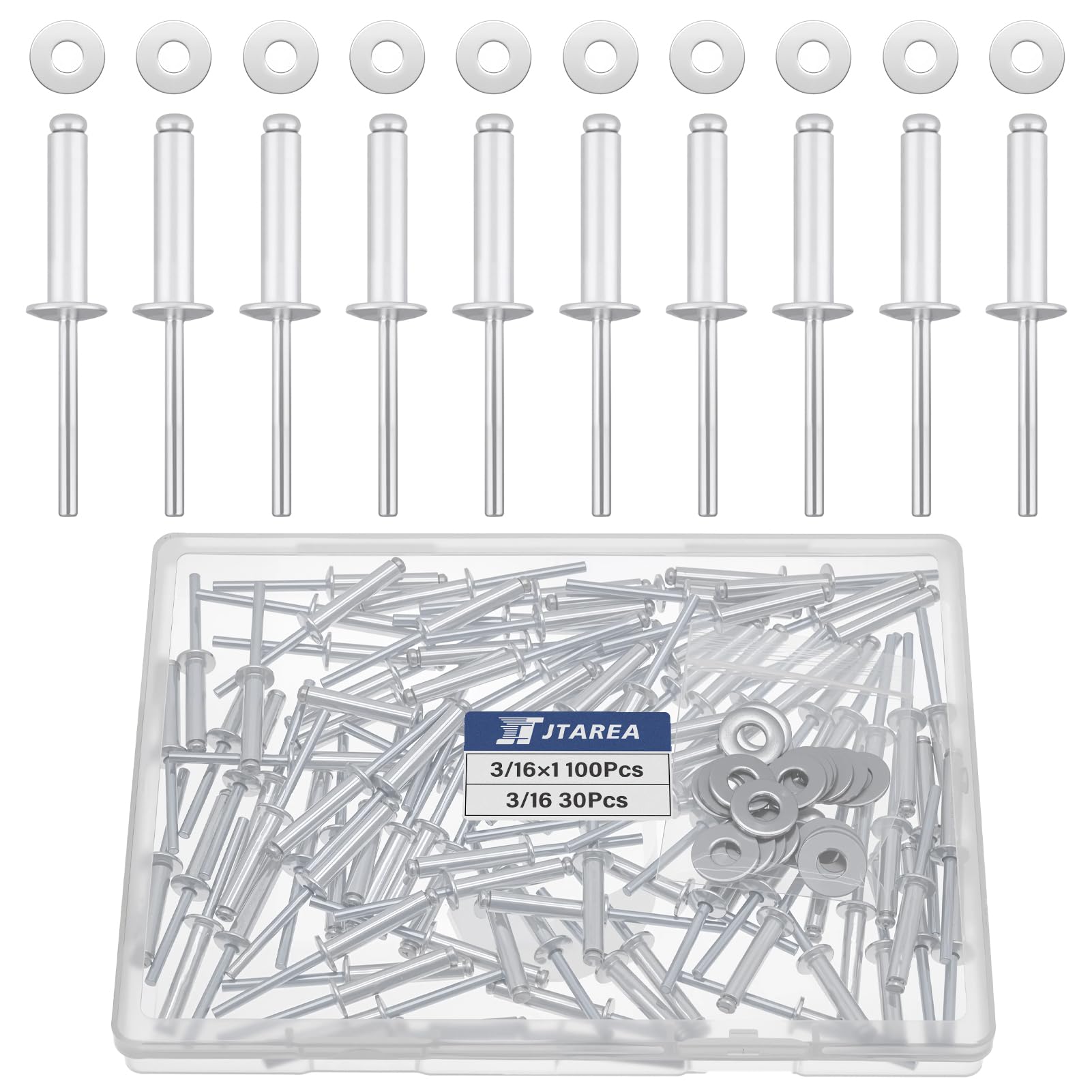JTAREA 130pcs 3/16" x 1" Silver Aluminum Pop Rivets with Stainless Steel Washers 4.8 x 25mm Blind Rivet Assortment Kit