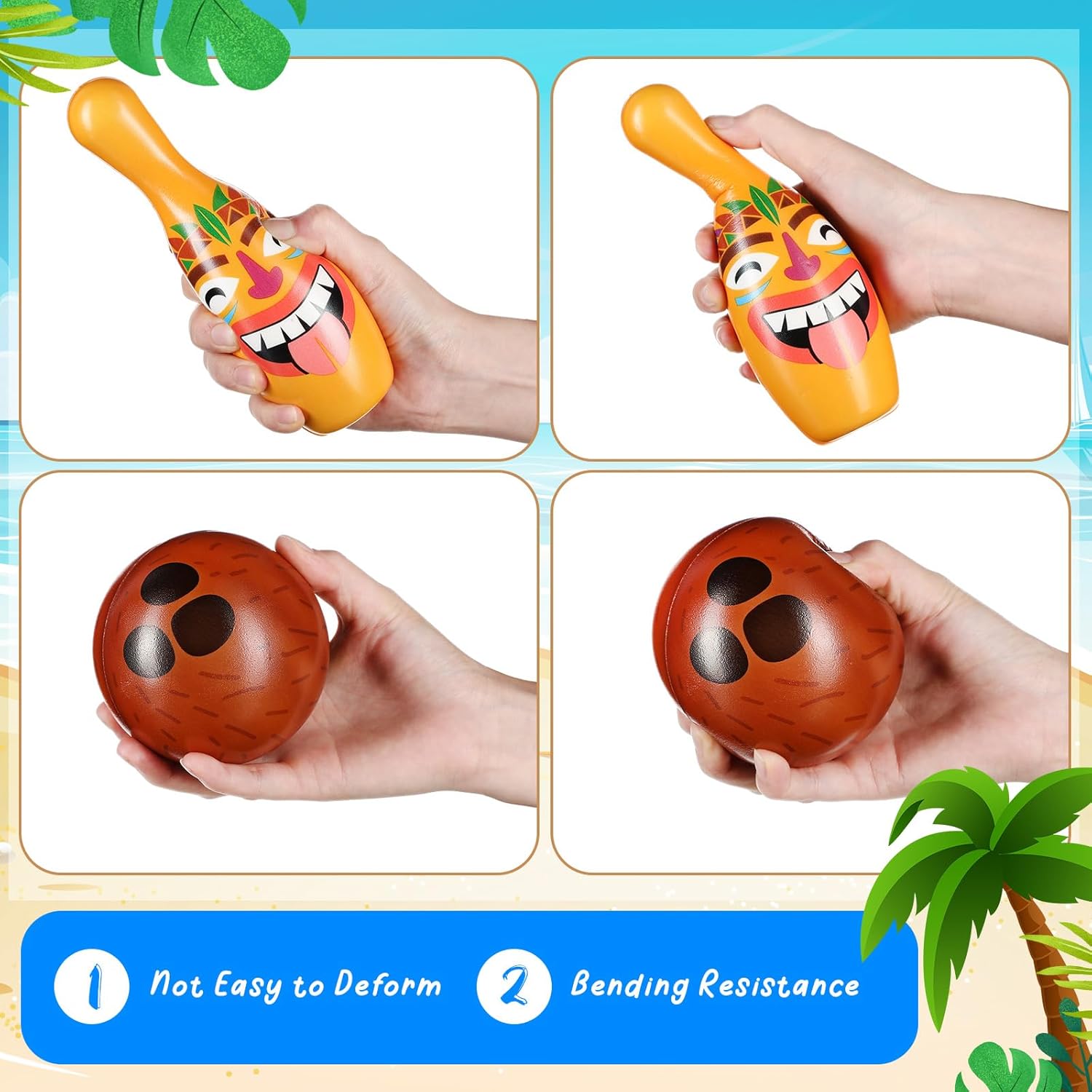 12 Pcs Bowling Set, 10 Soft Pins and 2 Cocout Balls for Kids Toddlers Tropical Hawaiian Luau Summer Birthday Party Games Indoor Outdoor Activities
