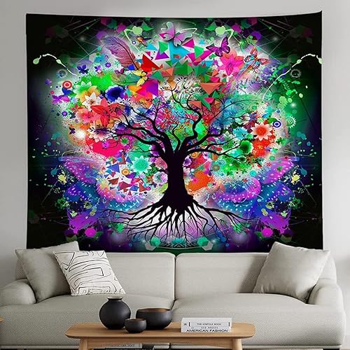 Miniatura 4 de Smacget Tapiz de árbol de la vida con luz negra, plantas reactivas a los rayos UV, pequeños tapices para dormitorio, decoración de pared hippie,