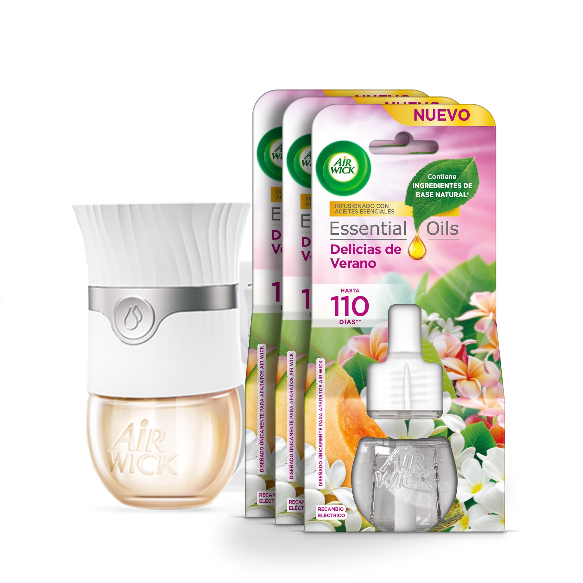 Air Wick Ambientador Eléctrico - Aparto y Recambios de ambientador casa con Aroma a Delicias de Verano, 1 Aparato + 3 recambios Multicolor