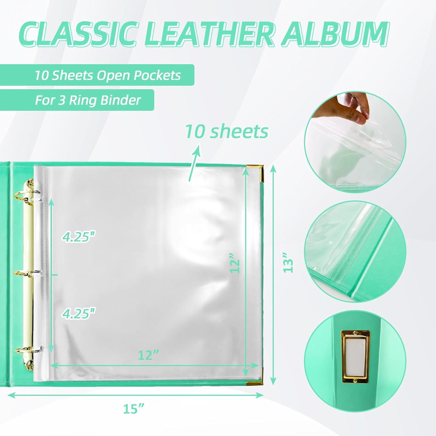 12x12 Photo Album 3 Ring Binder, PU Leather Cover Scrapbook Album 12x12 D-Ring with 10 Scrapbook Refill Pages Protective Plastic Sleeves - Mint