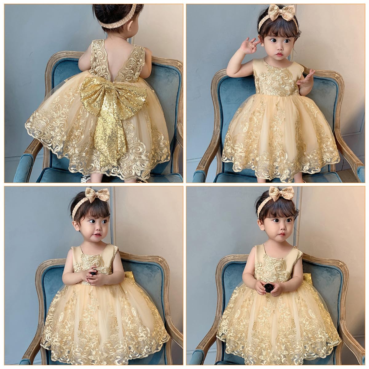 Vestido Infantil para Niñas 2-3 Años Vestido Princesa Pieza Lazo Bordado Color Dorado 8557B de Fiesta Encaje para Piel Sensible