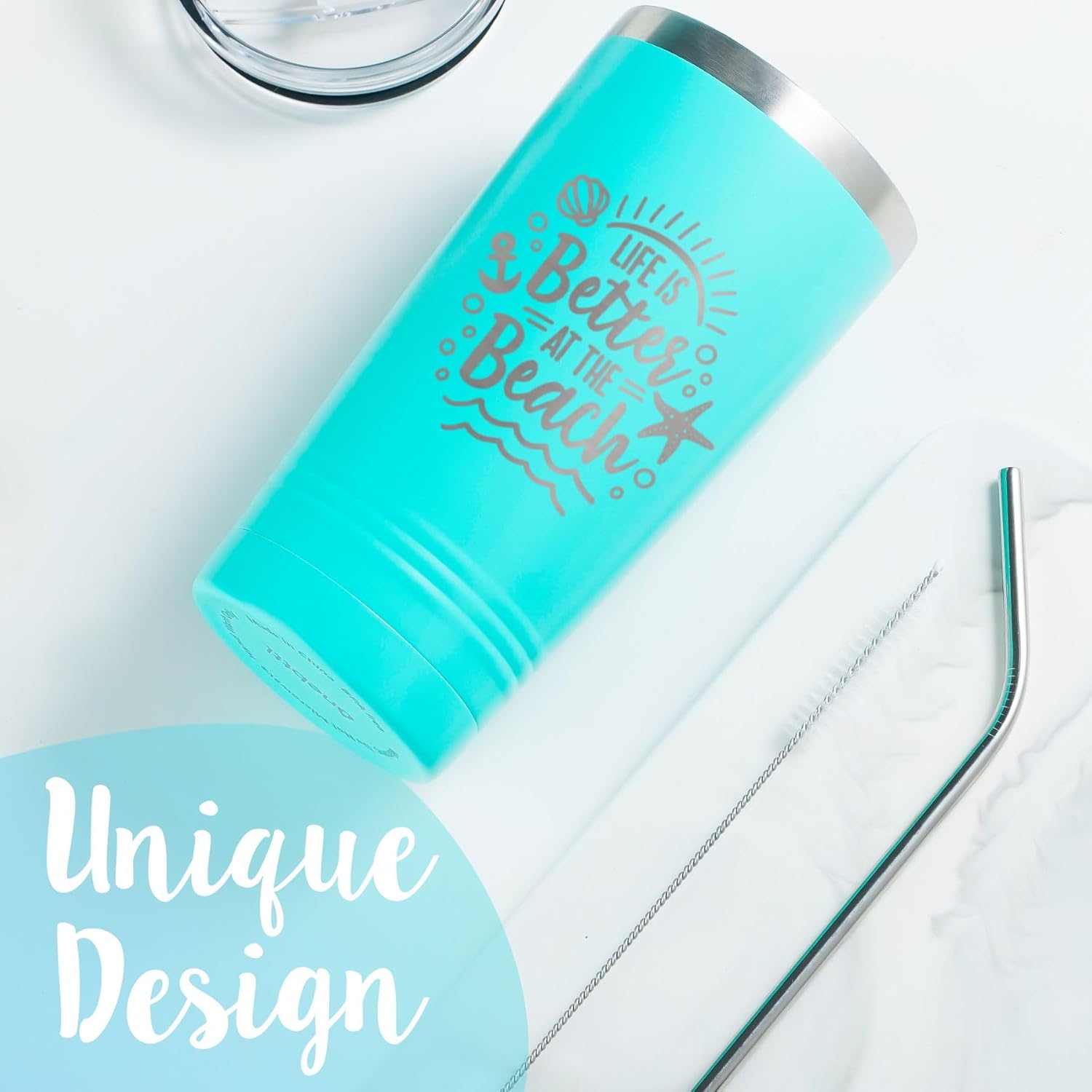 Onebttl Beach Gifts for Women or Men, 20oz Vacuum Insulated Stainless Steel Travel Tumbler with Lid, Beach Themed Gifts, Gifts for Beach Lovers, Blue (Life is Better at the Beach) - Image 3