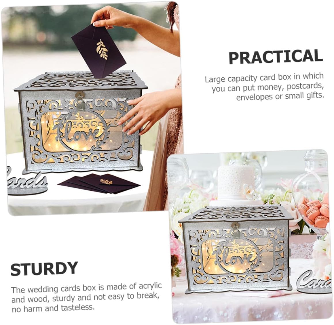 Holibanna Wooden Card Box Hollow Glitter Wedding Reception Envelope Money Cards Holder Decorative Storage Box for Birthday Anniversary Graduation Events