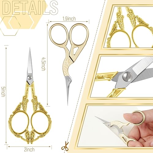 Miniatura 3 de Therwen Juego de 4 tijeras de coser doradas, tijeras de bordado vintage, tijeras de cigüeña, tijeras de pájaro, tijeras de diseño de grúa de
