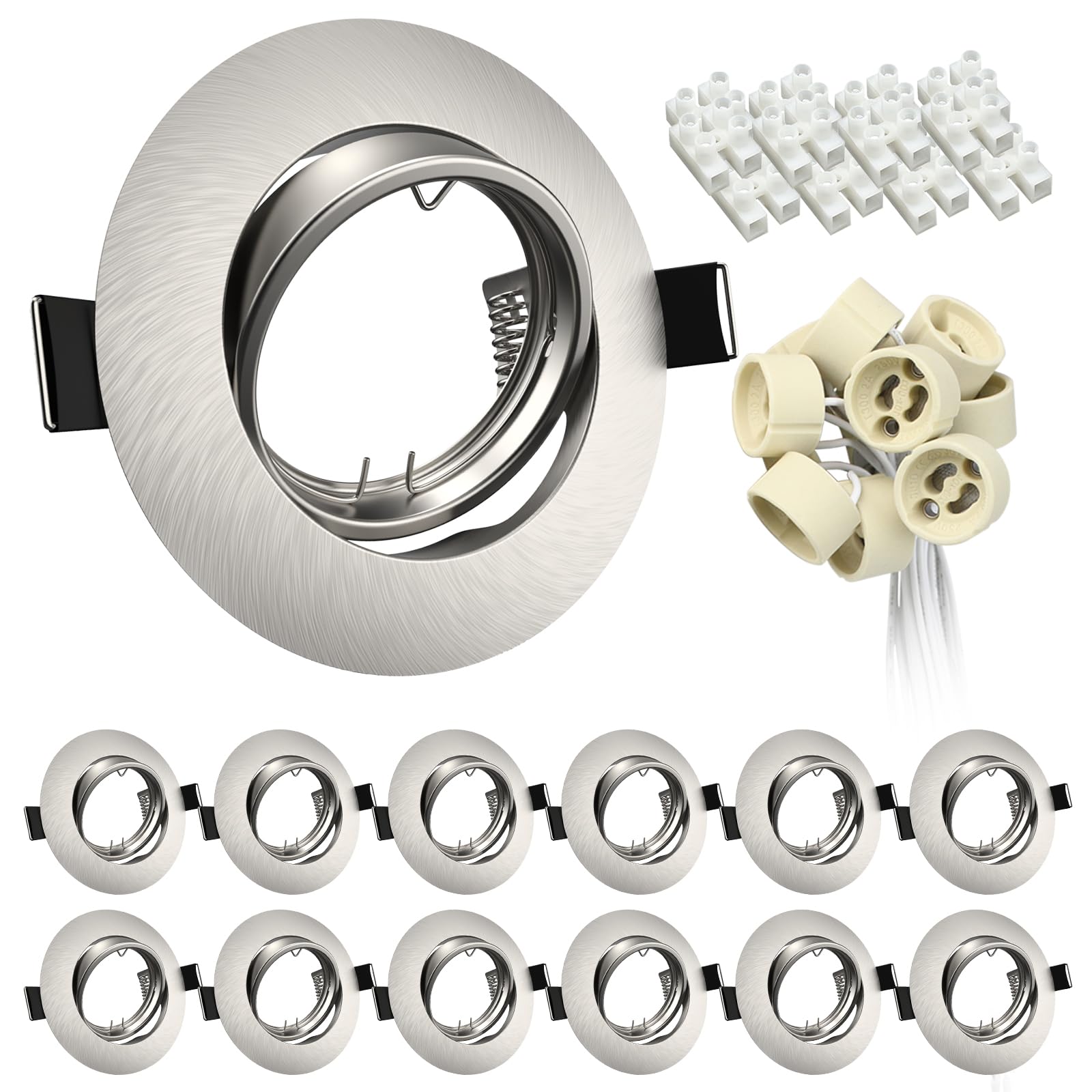 12x Recessed GU10 Light Fittings for Ceiling Round Brushed Chrome Metal Frame for Spot Lights 30° Tilt Adjustable Downlights with GU10 Lamp Holder -No Bulbs