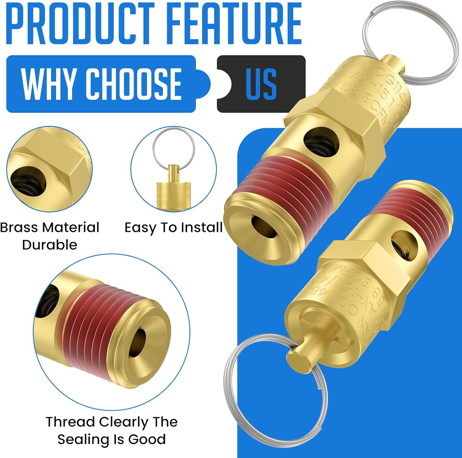 2 Pcs 1/4" NPT(M) 175 PSI Air Compressor Pressure Relief Valve, Brass Safety Valve for Air Compressor (Tank Pop Off)