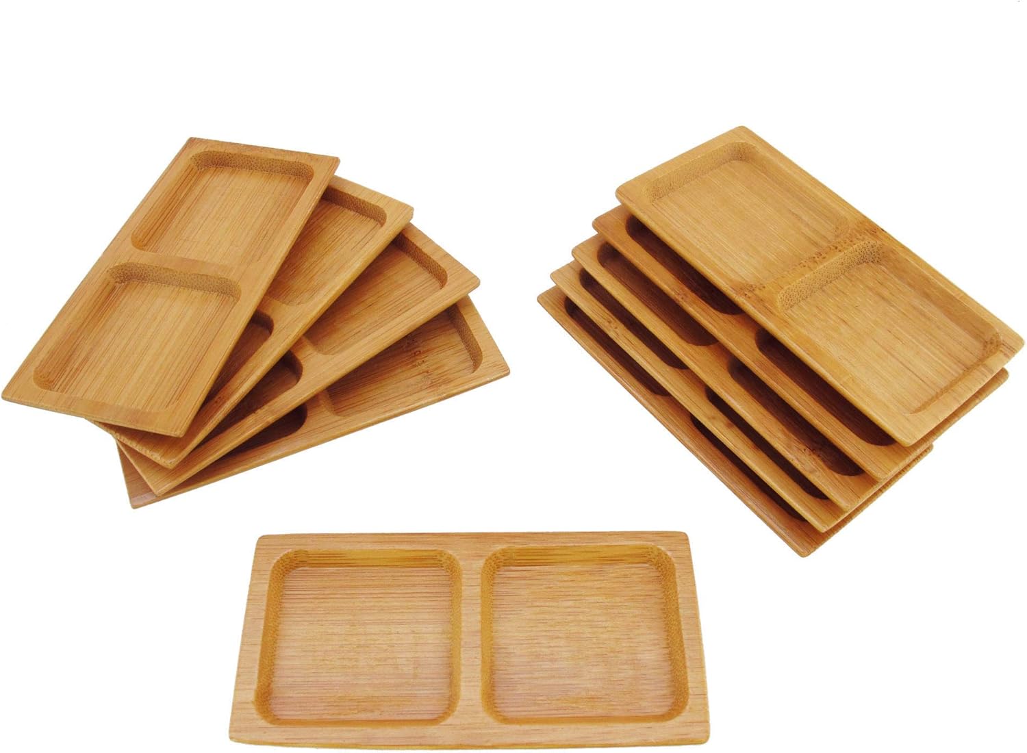 BambooMN Solid Bamboo Mini Dishes - Rectangle, Two Deep Square Compartment, 4.7" x 2.4" - 10 pcs
