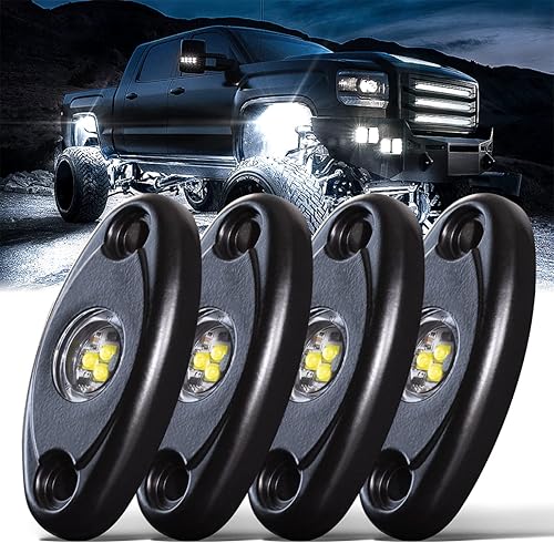 LEDMIRCY Luces LED de roca blancas R1 4 piezas para Je ep todoterreno, camión, automóvil, barco, SUV, impermeable, de alta potencia, luces de neón