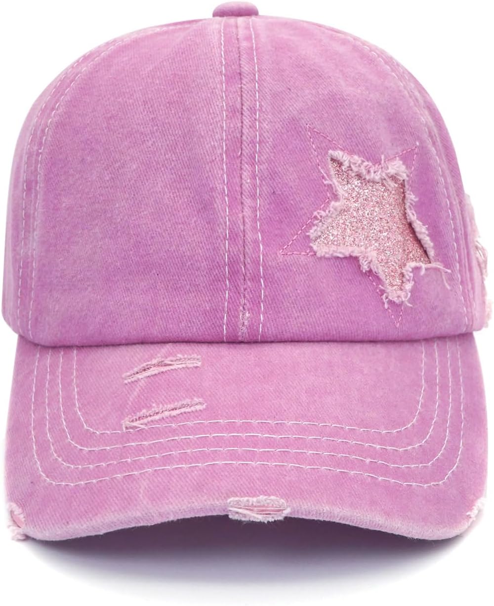 Initlove Ponytail Baseball Cap for Women Star High Messy Bun Caps Washed Cotton Distressed Hats